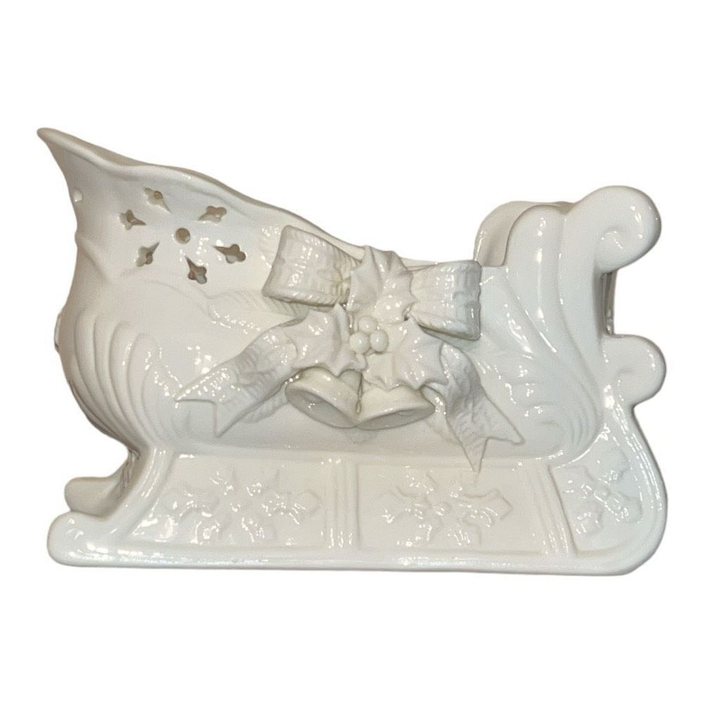 Ceramic sleigh candy dish, basket with Holly bow and snowflakes